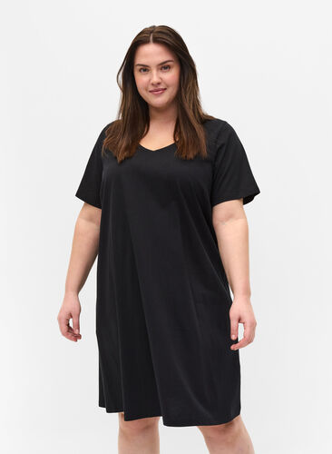 Zizzi Short-sleeved cotton dress with a-shape, Black, Model image number 0