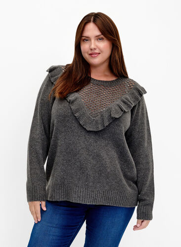 Zizzi Welniany sweter z dzianiny z falbana, Dark Grey Melange, Model image number 0