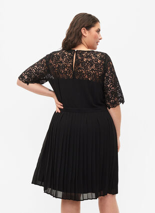 Zizzi Short sleeve dress with lace top, Black, Model image number 1