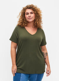 Prazkowany t-shirt z wiskozy z dekoltem w szpic, Thyme, Model