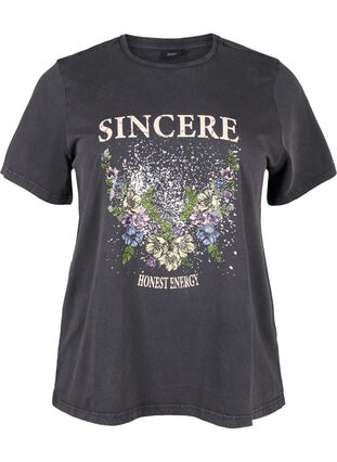 Zizzi T-shirt z nadrukiem uszyty z bawelny organicznej, D.Grey Wash Sincere, Packshot image number 0