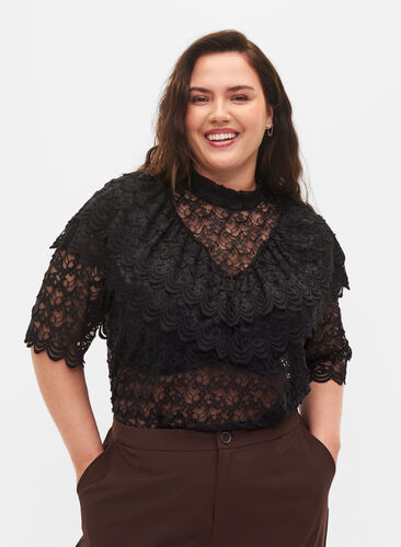 Zizzi Lace top with ruffles and 2/4 sleeves, Black, Model image number 0