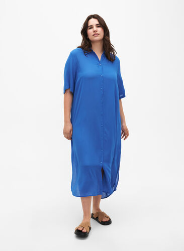 Zizzi Wiskozowa sukienka koszulowa z krótkimi rekawami, Victoria blue, Model image number 0