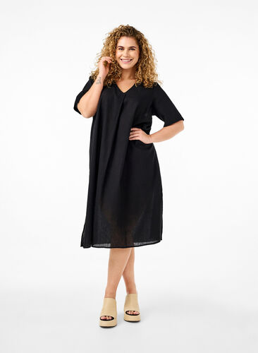 Zizzi Bawelniana sukienka typu kaftan z domieszka lnu, Black, Model image number 0