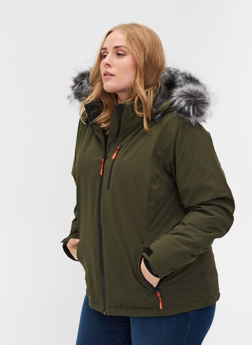 Zizzi Waterproof ski jacket with removable hood and faux-fur trim, Forest Night, Model image number 0