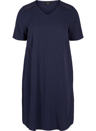 Zizzi Short-sleeved cotton dress with lace details, Night Sky, Packshot image number 0