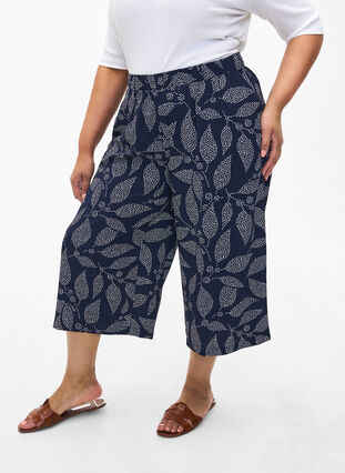 Zizzi Spodnie culotte z nadrukiem, Navy B. w. Dot Leaf, Model image number 2