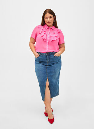 Zizzi Bluzka koszulowa z krótkim rekawem i falbanami, Pink Power, Model image number 2