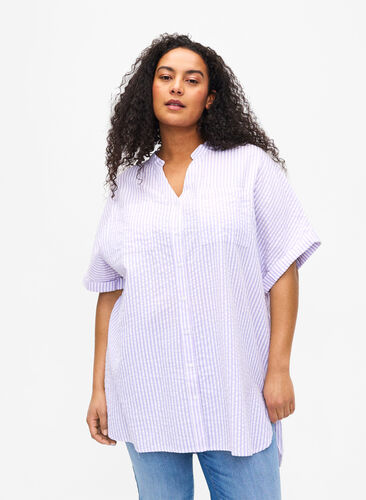 Zizzi Koszula w paski z kieszeniami na piersi, White/LavenderStripe, Model image number 0