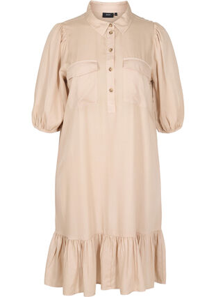 Zizzi Dress with ruffle trim and 3/4 sleeves, Humus, Packshot image number 0