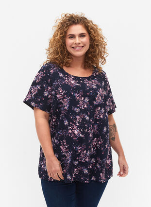 Zizzi Flash – bluzka z krótkim rekawem i nadrukiem, Navy Rose Flower, Model image number 0