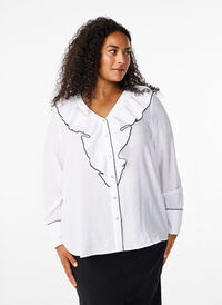 Bluzka koszulowa z wiskozy z dlugim rekawem i falbanka, Bright White, Model