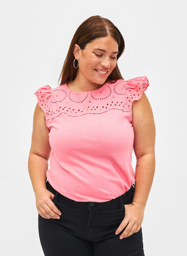 Zizzi T-shirt z organicznej bawelny z haftem angielskim, Strawberry Pink , Model image number 0