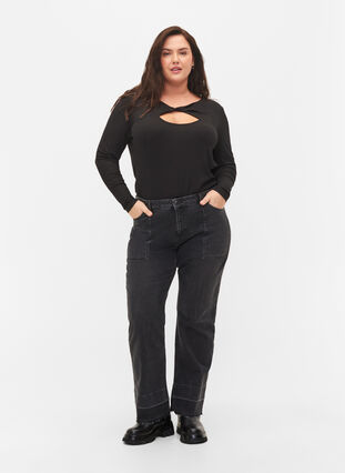 Zizzi Top with cut out detail and long sleeves, Black, Model image number 2