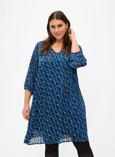 Zizzi Sukienka z dekoltem w szpic i rekawami 3/4 z nadrukiem, Dress Bl. Swirl AOP, Model image number 0