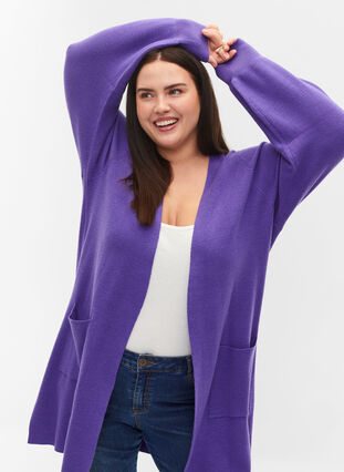 Zizzi Long knitted cardigan with balloon sleeves, Purple Opulence, Model image number 1