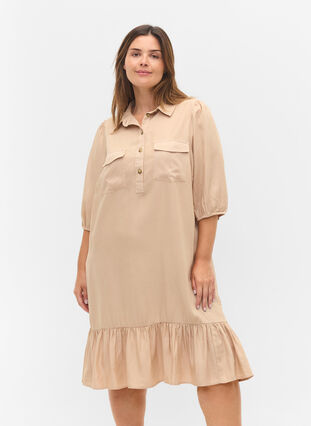 Zizzi Dress with ruffle trim and 3/4 sleeves, Humus, Model image number 0