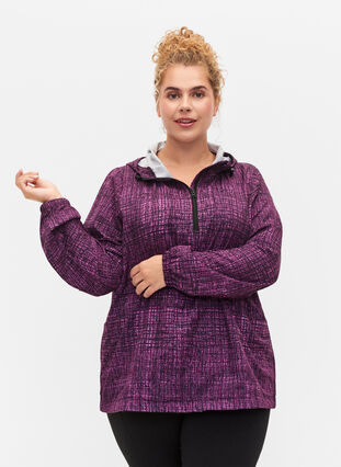 Zizzi Sports anorak with zipper and pockets, Square Purple Print, Model image number 0