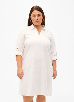 Zizzi Sukienka w paski wykonana z bawelny i lnu, Sandshell Wh. Stripe, Model image number 0