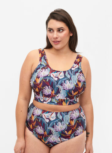 Zizzi Doly od bikini z wysokim stanem i nadrukiem, Deep Tropical Print, Model image number 0