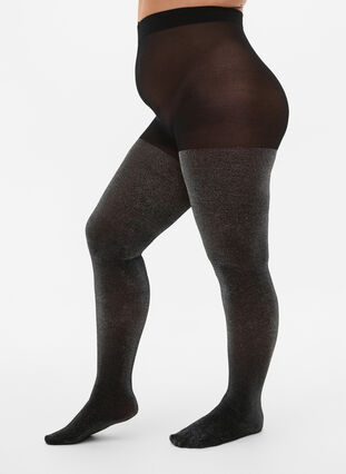 Zizzi Glittery 50 denier tights, Black w. Silver, Model image number 0