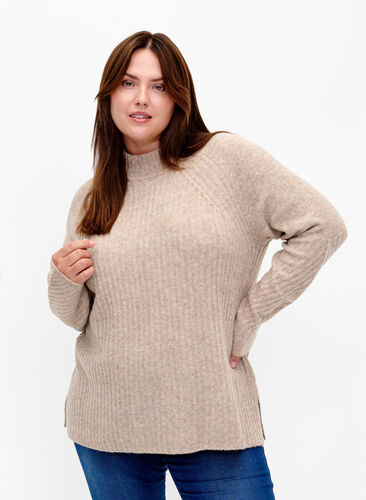 Zizzi Sweter z golfem o prazkowanej fakturze, Simply Taupe Mel., Model image number 0