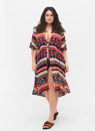 Zizzi Beach dress in viscose with adjustable waist, Ethnic AOP, Model image number 2