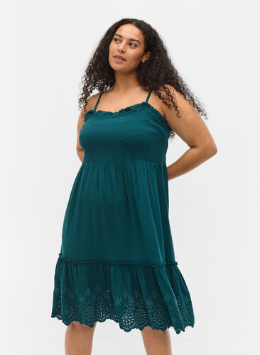 Zizzi Viscose smock beach dress with embroidery anglaise, Deep Teal, Model image number 0