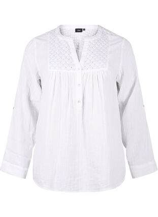 Zizzi Bawelniana bluzka z haftem angielskim i rekawami 3/4, Bright White, Packshot image number 0