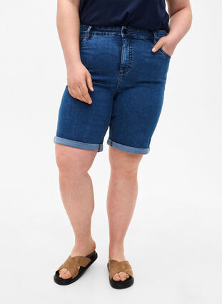 Obcisle szorty jeansowe z wysokim stanem, Blue Denim, Model image number 2