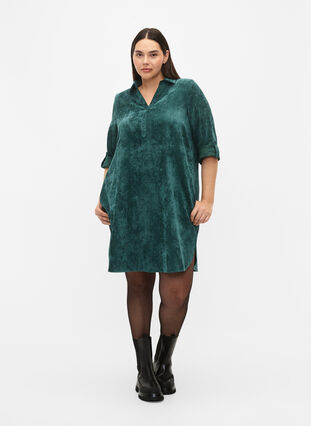 Zizzi Aksamitna sukienka z 3/4-length rekawami i guzikami, Deep Teal, Model image number 2