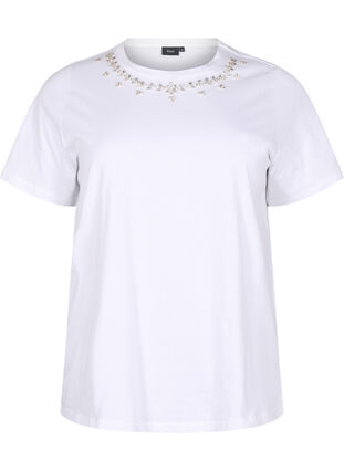 Zizzi T-shirt z okraglym dekoltem i dzetami, Bright White, Packshot image number 0