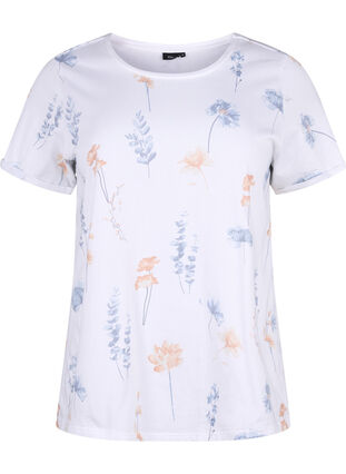 Zizzi T-shirt z organicznej bawelny z nadrukiem w kwiaty, White W. Blue flower, Packshot image number 0