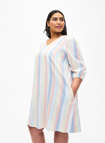 Zizzi Krótka sukienka z mieszanki bawelny z lnem, Multi Color Stripe, Model image number 0