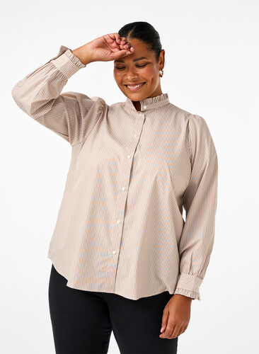 Zizzi Bluzka koszulowa w paski z falbanami, Silver Mink Stripe, Model image number 0