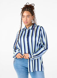 Satynowa koszula w paski z kolnierzykiem, Blue Stripe, Model