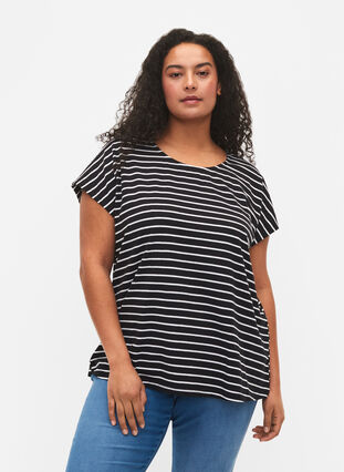 Zizzi Bawelniana koszulka w paski, Black W. Stripe, Model image number 0