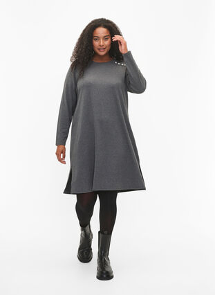 Zizzi Dzersejowa sukienka z dlugim rekawem i guzikami, Dark Grey Melange, Model image number 2