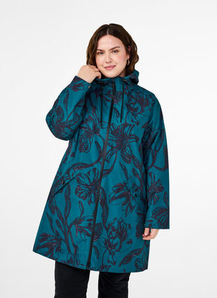 Zizzi Kurtka przeciwdeszczowa z nadrukiem, Deep Teal Black, Model image number 0