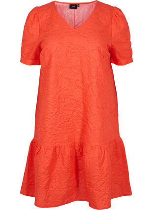 Zizzi Textured dress with short puff sleeves, Mandarin Red, Packshot image number 0