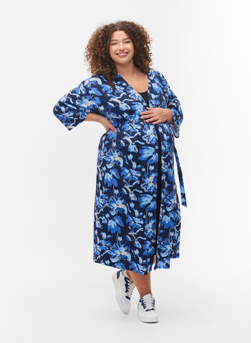 Zizzi Pregnancy kimono with 3/4 sleeves, Blue Flower Print, Model image number 0