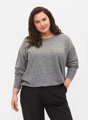 Zizzi Long-sleeved top with pearl detail, Medium Grey Melange, Model image number 0