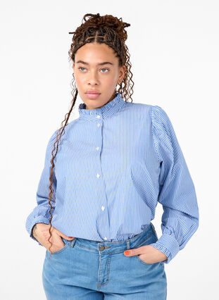 Zizzi Bluzka koszulowa w paski z falbanami, Princess Blue W. St., Model image number 0
