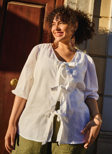 Zizzi Bawelniana bluzka z rekawem 3/4, uszyta z mieszanki bawelny z lnem, Bright White, Image image number 0