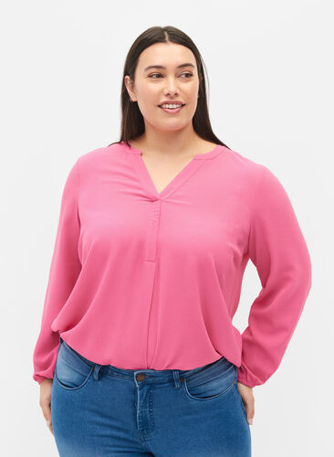 Zizzi Jednokolorowy top z dekoltem w szpic, Shocking Pink, Model image number 0