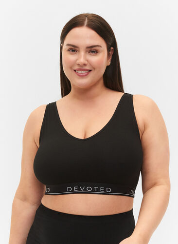 Zizzi Unpadded cotton bra with text print, Black/Upper Font, Model image number 0