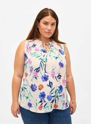 Zizzi Top w kwiaty z wiazaniem, Buttercream Blue Fl., Model image number 0