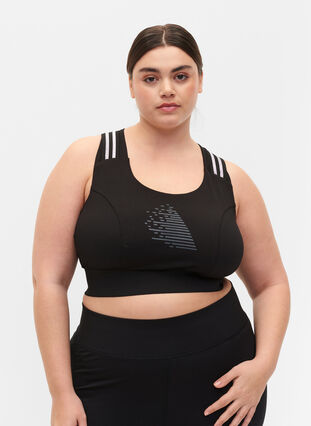 Zizzi Sports bra with glitter and cross back, Black w. SilverLurex, Model image number 0