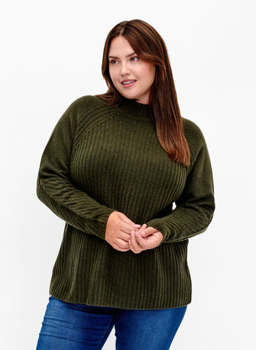 Zizzi Sweter z golfem o prazkowanej fakturze, Forest Night Mel., Model image number 0