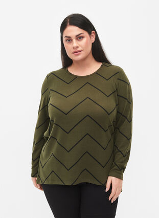 Zizzi Patterned blouse with long sleeves, Army Zig Zag, Model image number 0